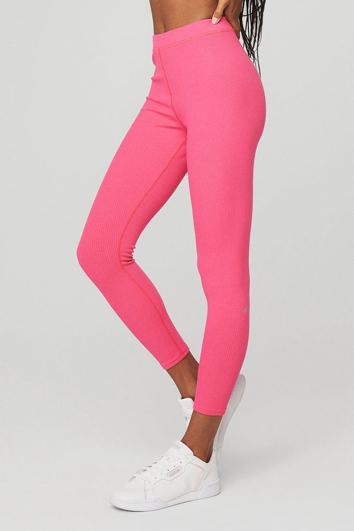 Leggins Alo Yoga Ribbed High-Cintura 7/8 Blissful Mujer Rosas Fucsia | 204583JYH