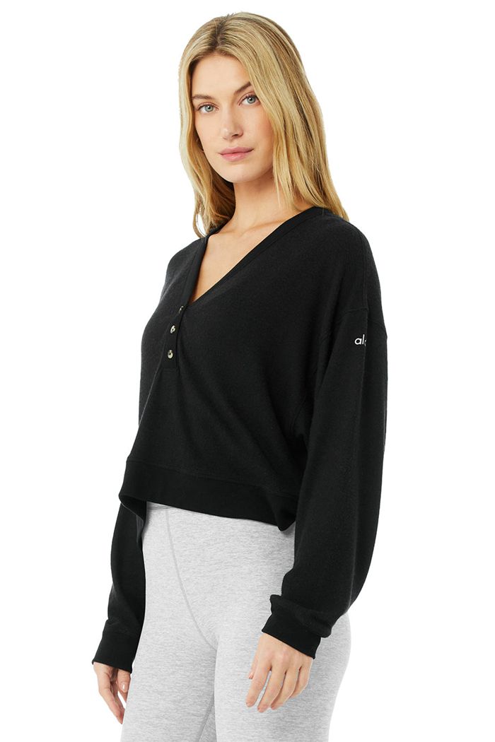 Long Sleeve Alo Yoga Alolux Soho Crop Henley Mujer Negros | 021695YXZ