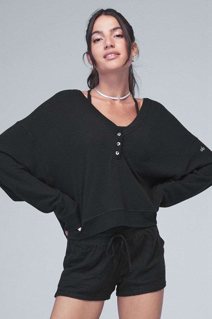 Long Sleeve Alo Yoga Alolux Soho Crop Henley Mujer Negros | 021695YXZ