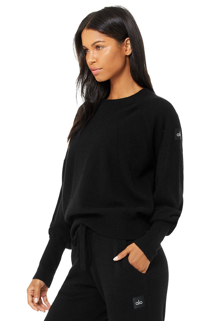 Long Sleeve Alo Yoga Cashmere Jet Set Crew Mujer Negros | 107845KCP