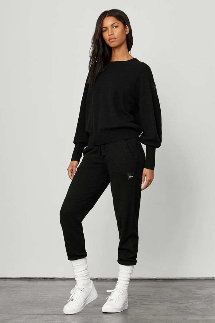 Long Sleeve Alo Yoga Cashmere Jet Set Crew Mujer Negros | 107845KCP