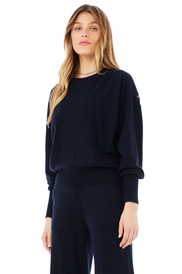 Long Sleeve Alo Yoga Cashmere Jet Set Crew Mujer Azul Marino | 280956CDS