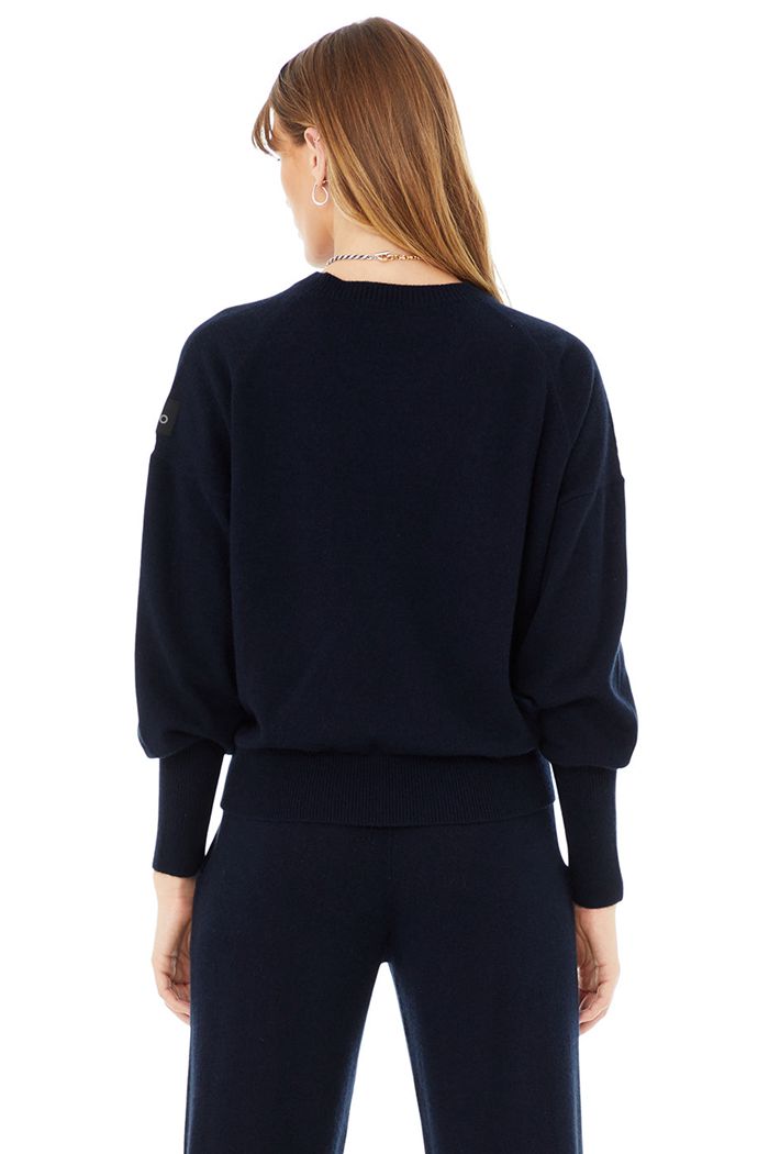 Long Sleeve Alo Yoga Cashmere Jet Set Crew Mujer Azul Marino | 280956CDS
