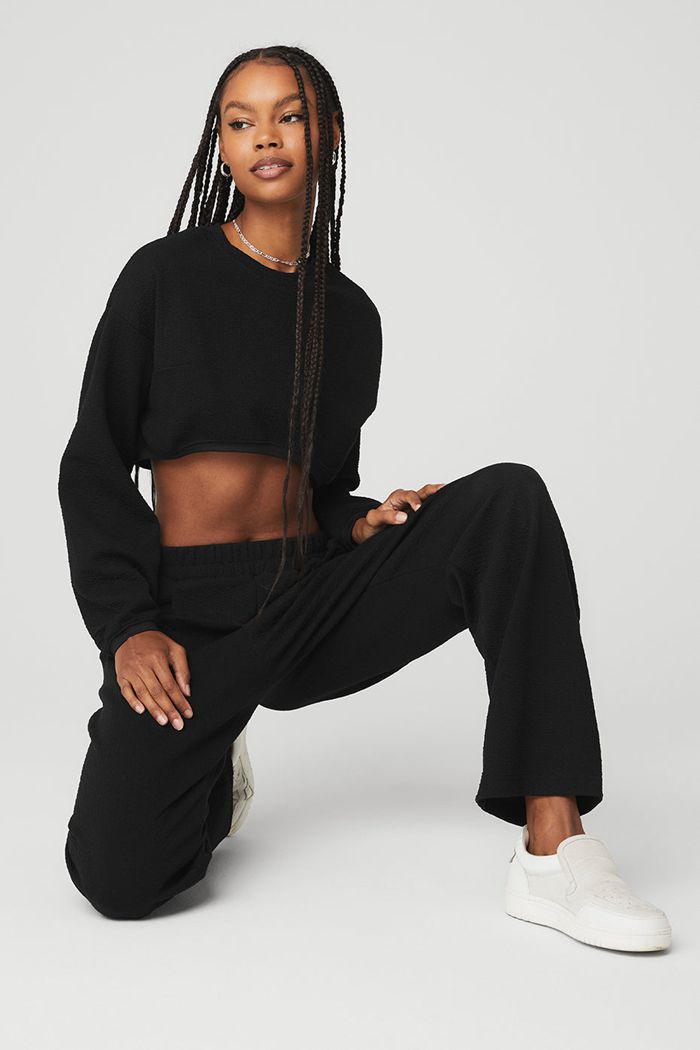 Long Sleeve Alo Yoga Cropped Tailored Crew Neck Mujer Negros | 607945NKX