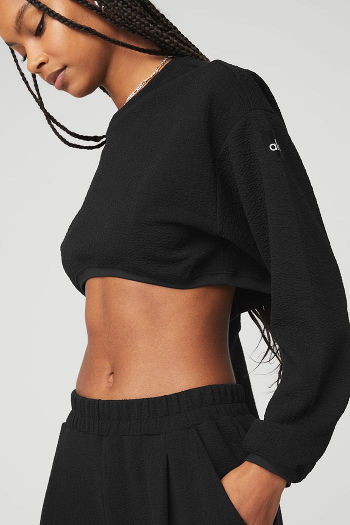 Long Sleeve Alo Yoga Cropped Tailored Crew Neck Mujer Negros | 607945NKX