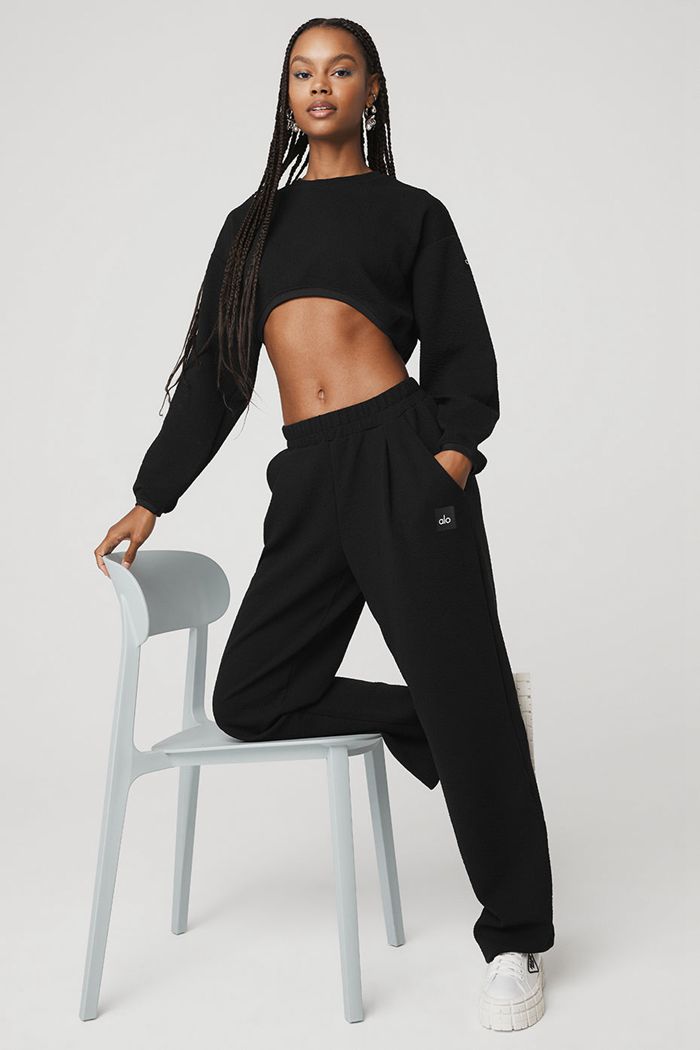 Long Sleeve Alo Yoga Cropped Tailored Crew Neck Mujer Negros | 607945NKX