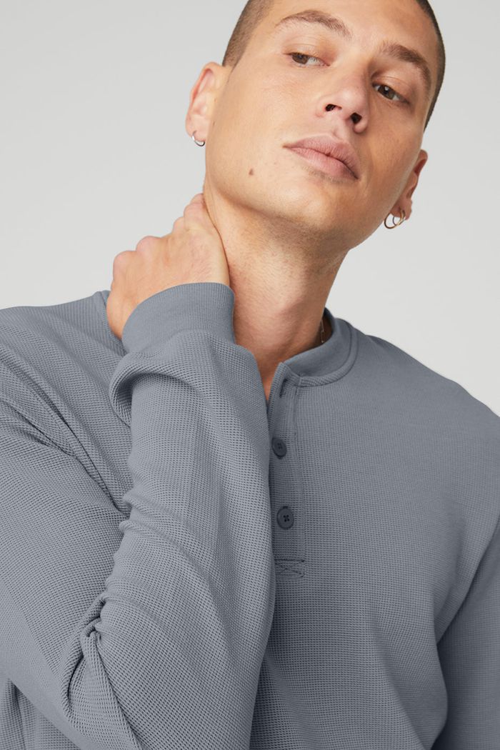 Long Sleeve Alo Yoga Micro Waffle Fast Break Henley Hombre Grises | 342601DNJ