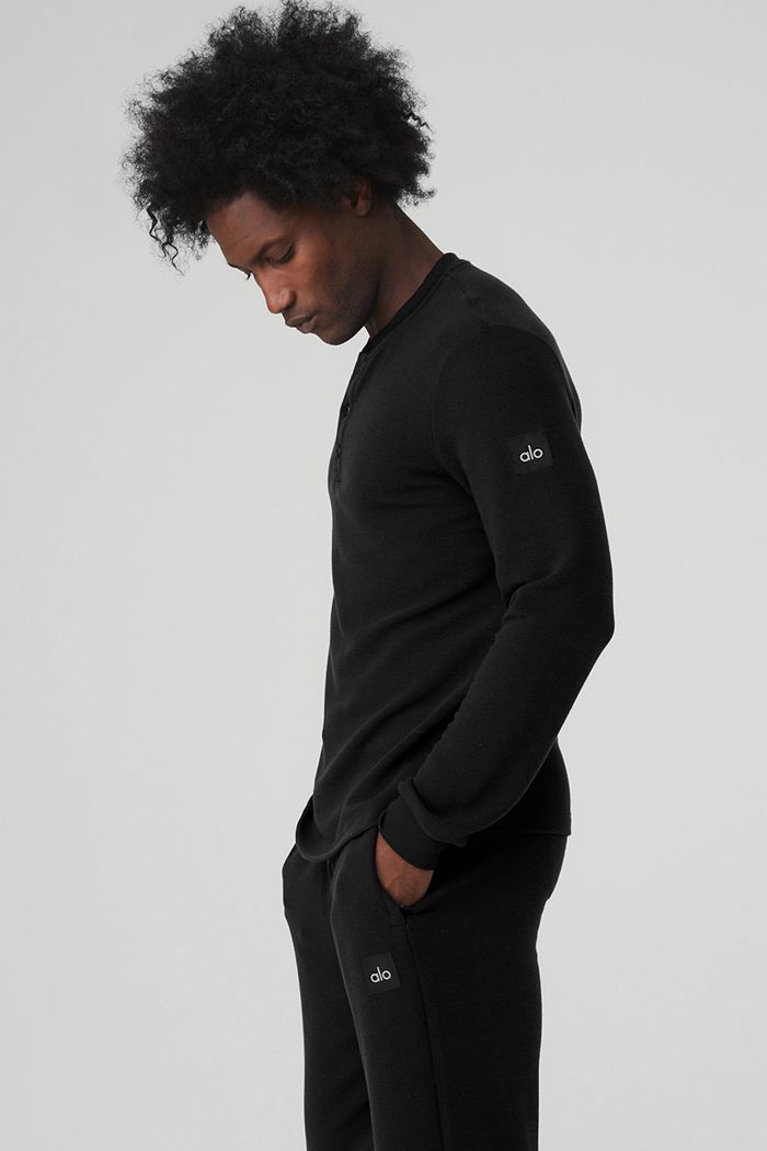 Long Sleeve Alo Yoga Micro Waffle Fast Break Henley Hombre Negros | 902368AMU