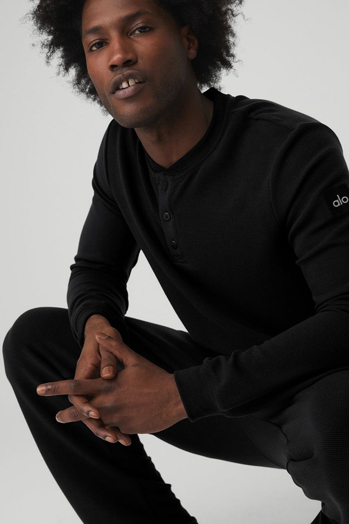 Long Sleeve Alo Yoga Micro Waffle Fast Break Henley Hombre Negros | 902368AMU