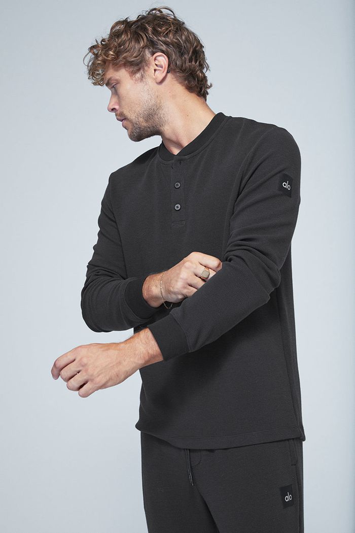 Long Sleeve Alo Yoga Micro Waffle Fast Break Henley Hombre Negros | 902368AMU