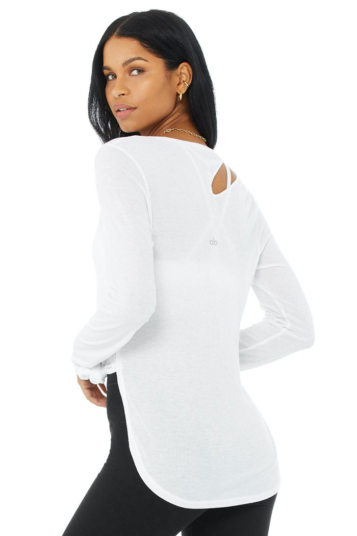 Long Sleeve Alo Yoga Ribbed Peak Mujer Blancos | 491760DBN