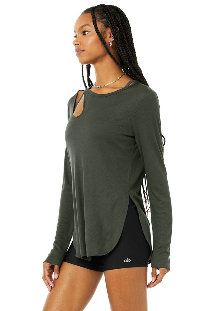 Long Sleeve Alo Yoga Ribbed Peak Mujer Verdes Oscuro | 861735WLN