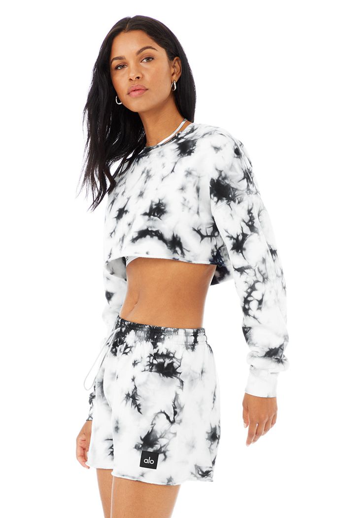 Long Sleeve Alo Yoga Tie-Dye Extreme Crop Crew Neck Mujer Negros Blancos | 196345HXG