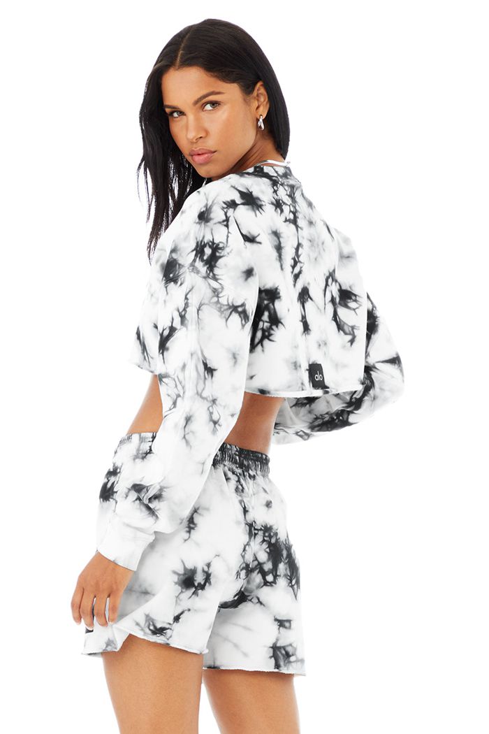 Long Sleeve Alo Yoga Tie-Dye Extreme Crop Crew Neck Mujer Negros Blancos | 196345HXG
