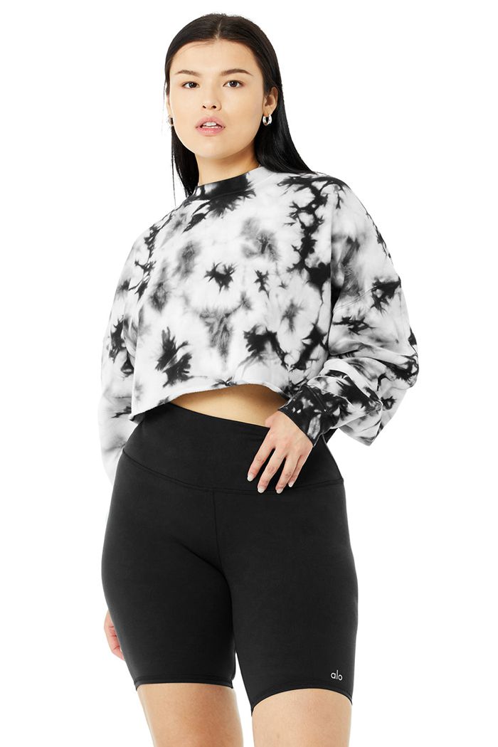 Long Sleeve Alo Yoga Tie-Dye Extreme Crop Crew Neck Mujer Negros Blancos | 196345HXG