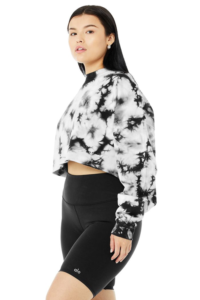 Long Sleeve Alo Yoga Tie-Dye Extreme Crop Crew Neck Mujer Negros Blancos | 196345HXG