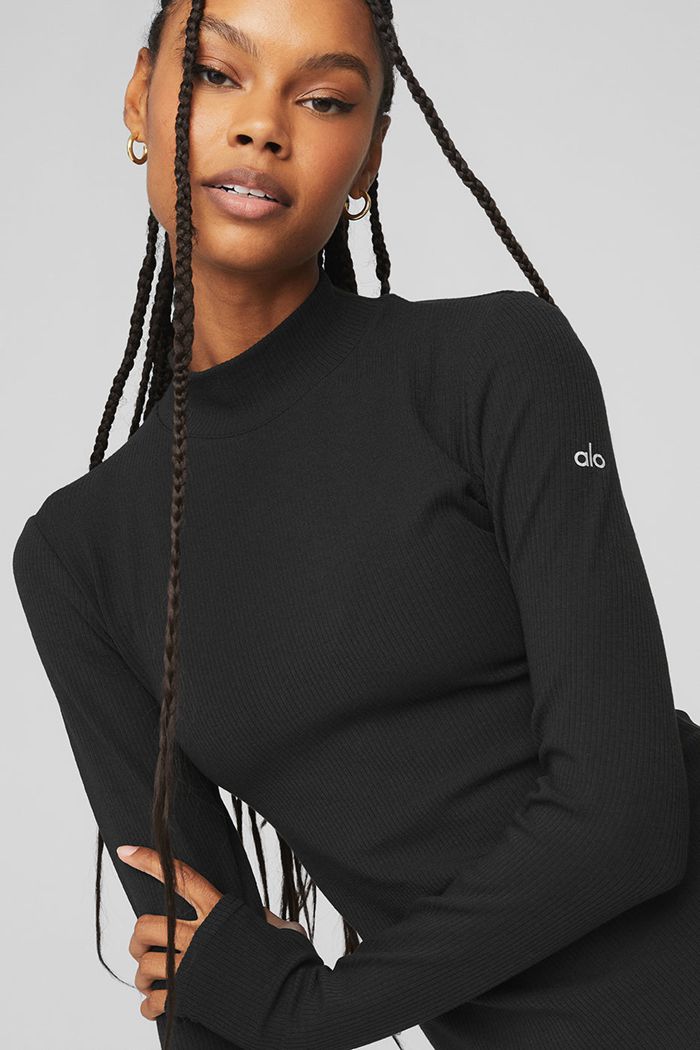 Long Sleeve Alo Yoga Wellness Rib Mock Neck Mujer Negros | 389426QNM
