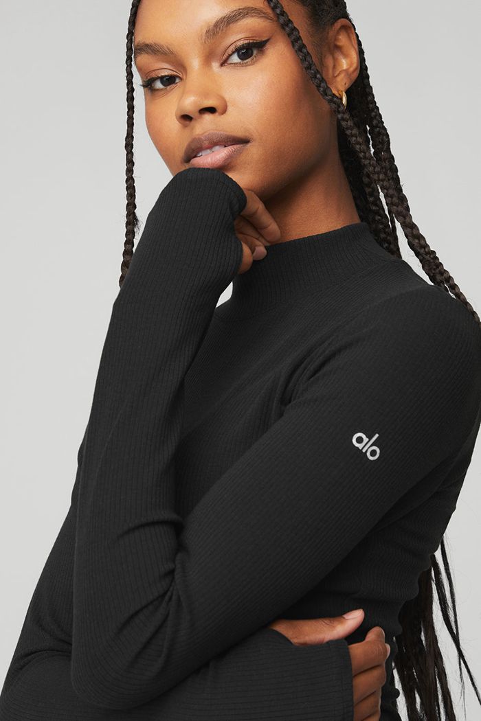 Long Sleeve Alo Yoga Wellness Rib Mock Neck Mujer Negros | 389426QNM
