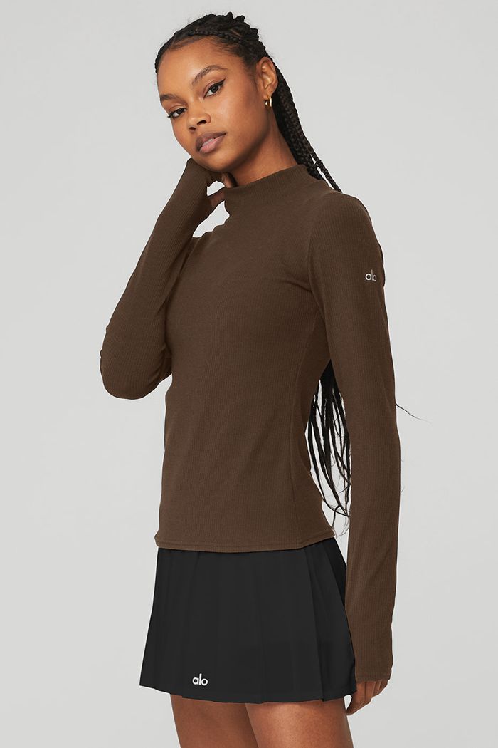 Long Sleeve Alo Yoga Wellness Rib Mock Neck Mujer Negros | 834965DLF