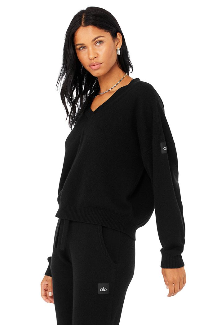 Pullover Alo Yoga Cashmere Jet Set V-Neck Mujer Negros | 023159VFW