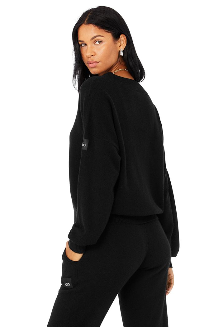Pullover Alo Yoga Cashmere Jet Set V-Neck Mujer Negros | 023159VFW