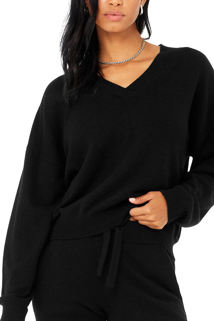 Pullover Alo Yoga Cashmere Jet Set V-Neck Mujer Negros | 023159VFW