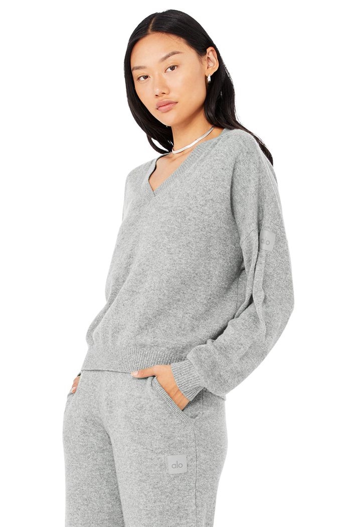 Pullover Alo Yoga Cashmere Jet Set V-Neck Mujer Grises | 708194OWQ