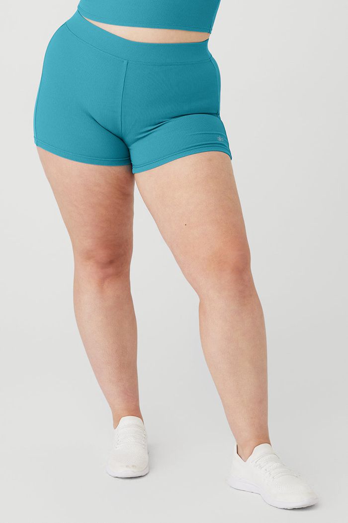 Short Alo Yoga Goddess Ribbed High-Cintura Hot Mujer Azules | 643950IGD