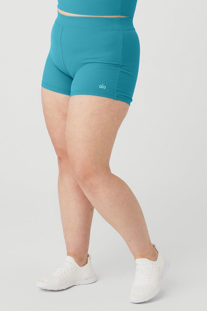 Short Alo Yoga Goddess Ribbed High-Cintura Hot Mujer Azules | 643950IGD