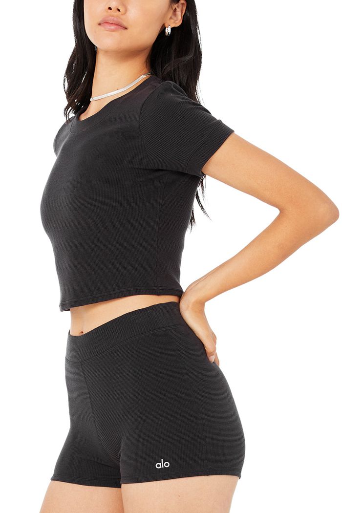 Short Alo Yoga Micro Waffle Pleasant Boy Mujer Negros | 920531NAB
