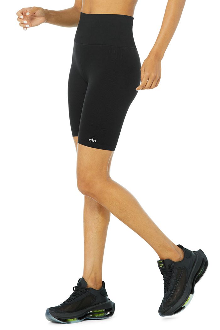 Short Alo Yoga Seamless High-Cintura Ribbed Ciclismo Mujer Negros | 794612TCK