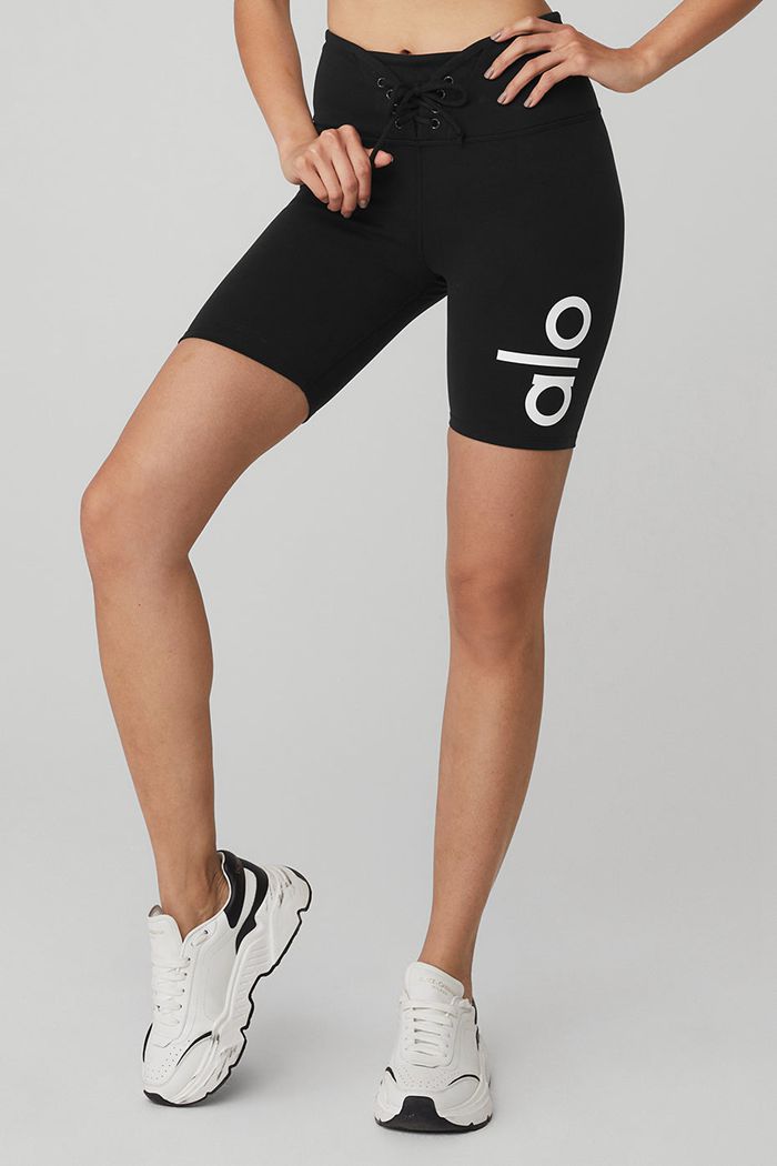 Short Alo Yoga Yogi Encaje Up Mujer Negros Blancos | 065389WHQ