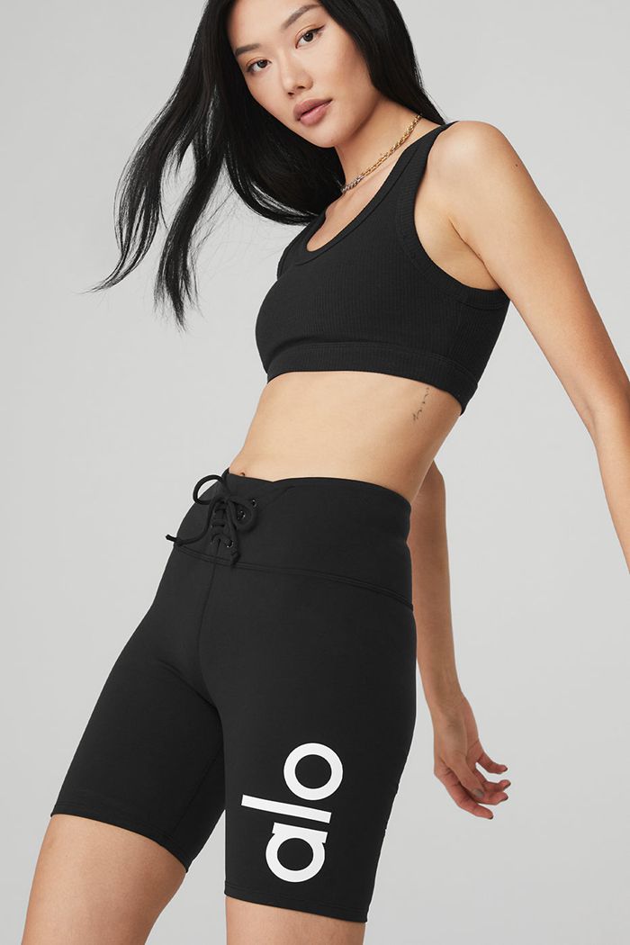 Short Alo Yoga Yogi Encaje Up Mujer Negros Blancos | 065389WHQ