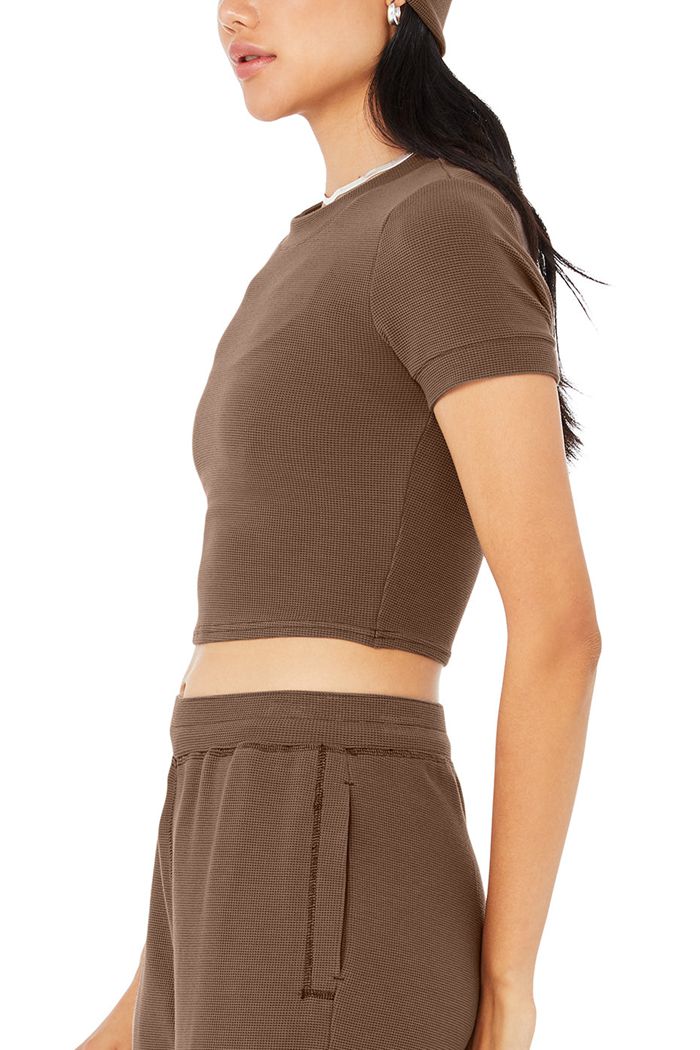 Short Sleeve Alo Yoga Micro Waffle Sierra Mujer Marrom | 023896SUD