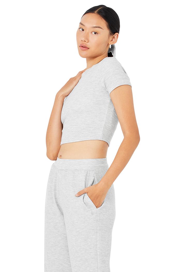 Short Sleeve Alo Yoga Micro Waffle Sierra Mujer Grises | 450329BDJ