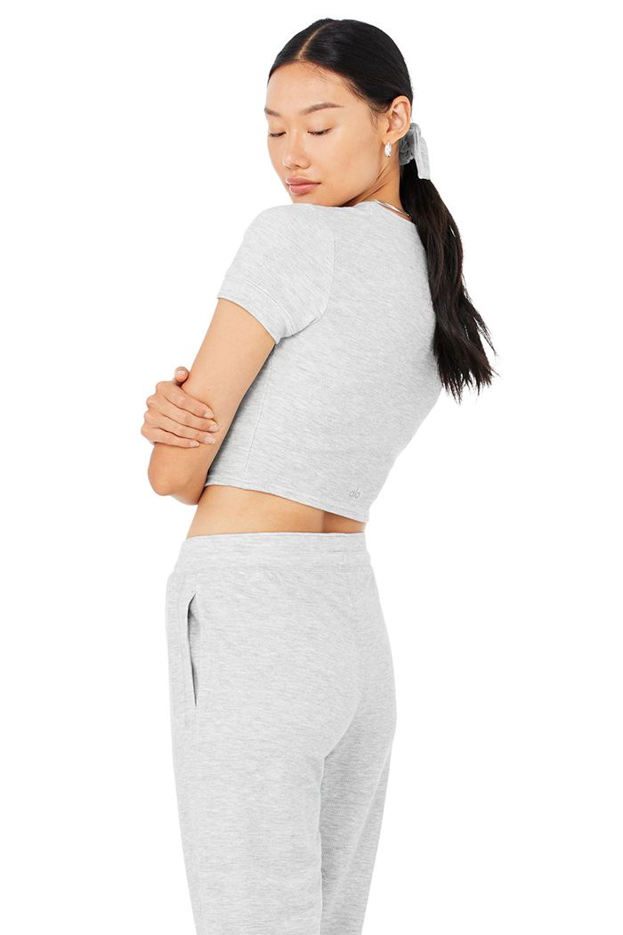 Short Sleeve Alo Yoga Micro Waffle Sierra Mujer Grises | 450329BDJ