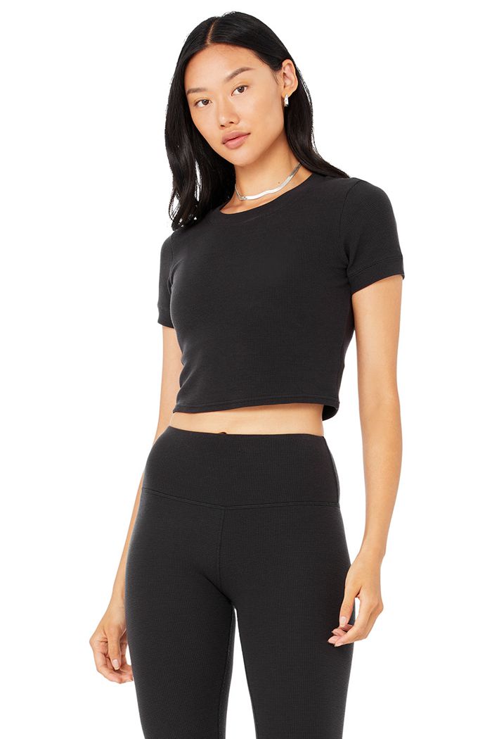 Short Sleeve Alo Yoga Micro Waffle Sierra Mujer Negros | 796258ZLI