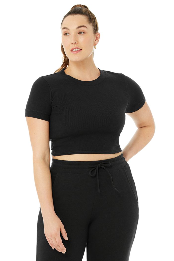 Short Sleeve Alo Yoga Micro Waffle Sierra Mujer Negros | 796258ZLI
