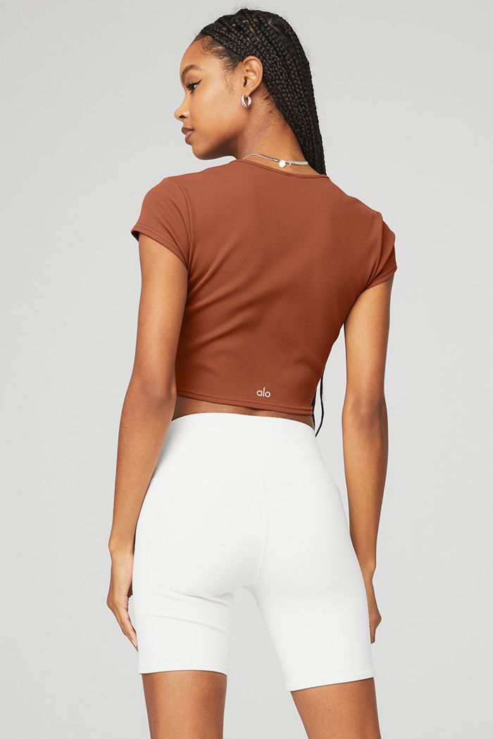 Short Sleeve Alo Yoga Ribbed Cropped Savvy Mujer Rojos | 238659HYB