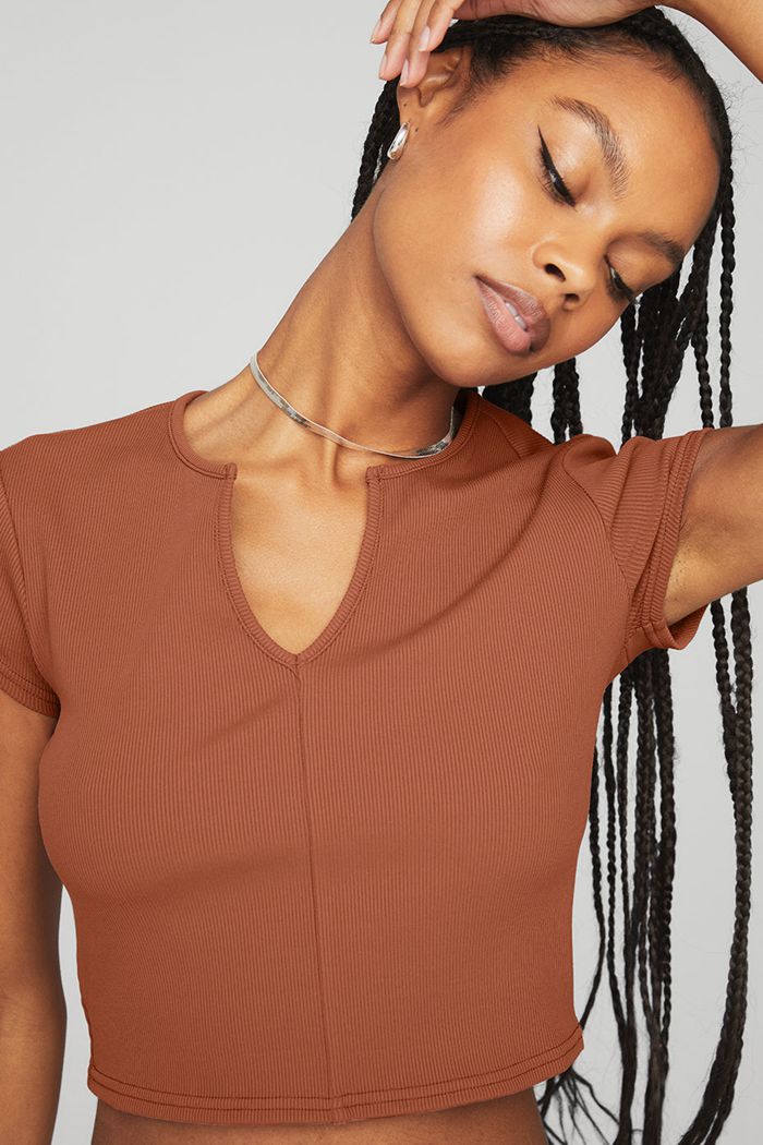 Short Sleeve Alo Yoga Ribbed Cropped Savvy Mujer Rojos | 238659HYB
