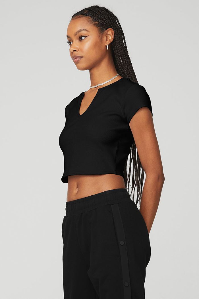 Short Sleeve Alo Yoga Ribbed Cropped Savvy Mujer Negros | 375194DGN