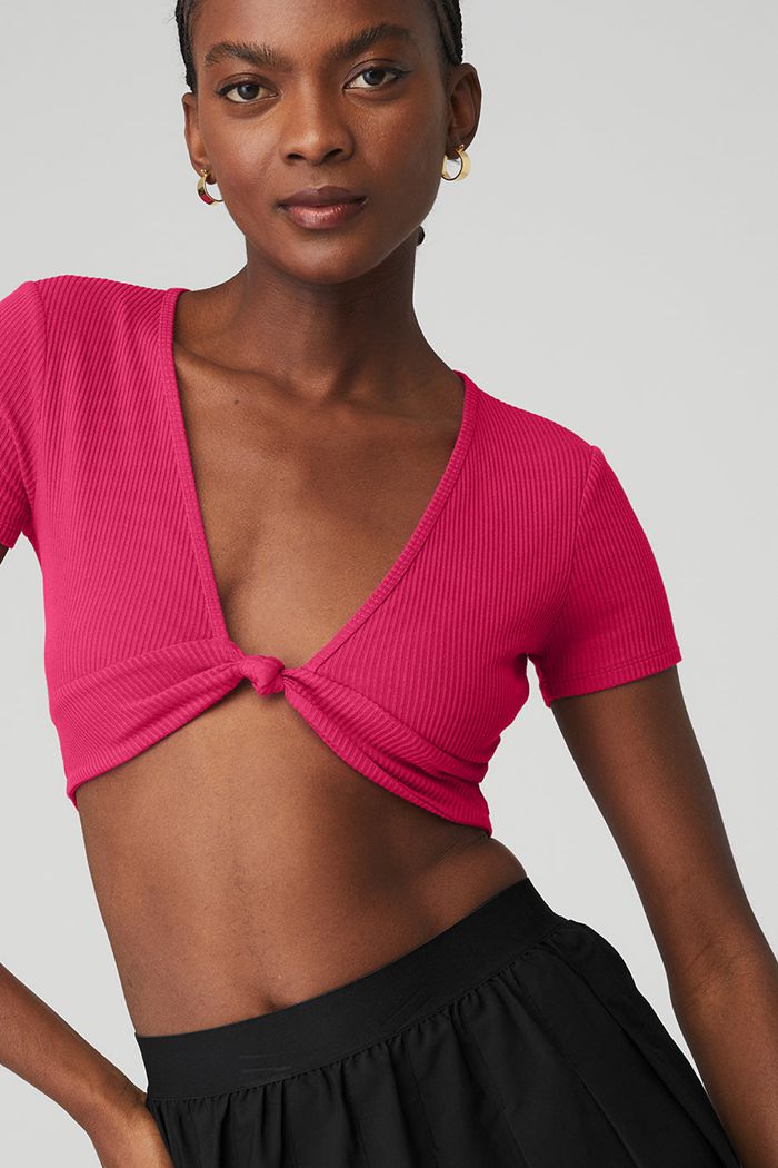 Short Sleeve Alo Yoga Ribbed Knotty Mujer Rojos | 037261UCR