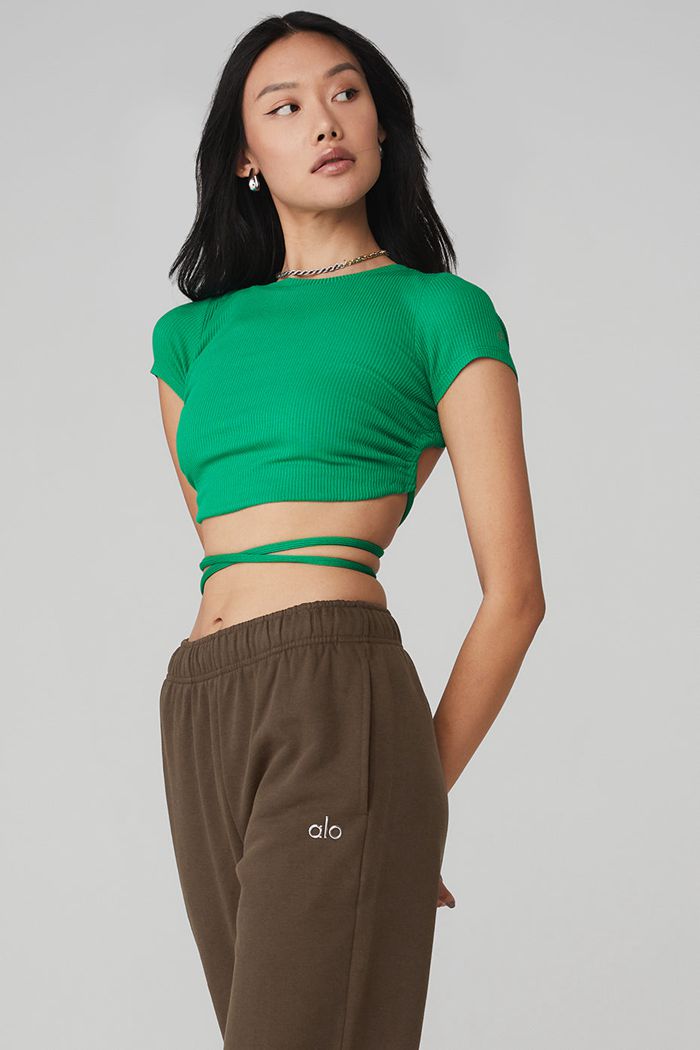 Short Sleeve Alo Yoga Ribbed Manifest Mujer Verdes Turquesa | 082971ZRA