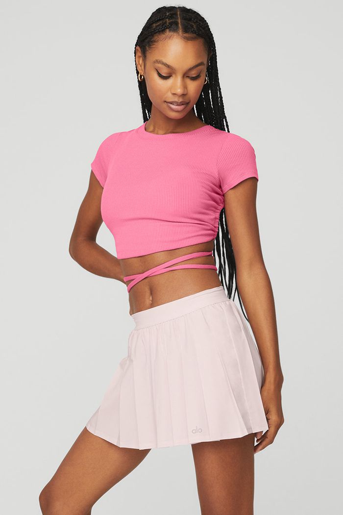 Short Sleeve Alo Yoga Ribbed Manifest Mujer Rosas Fucsia | 694120XWM