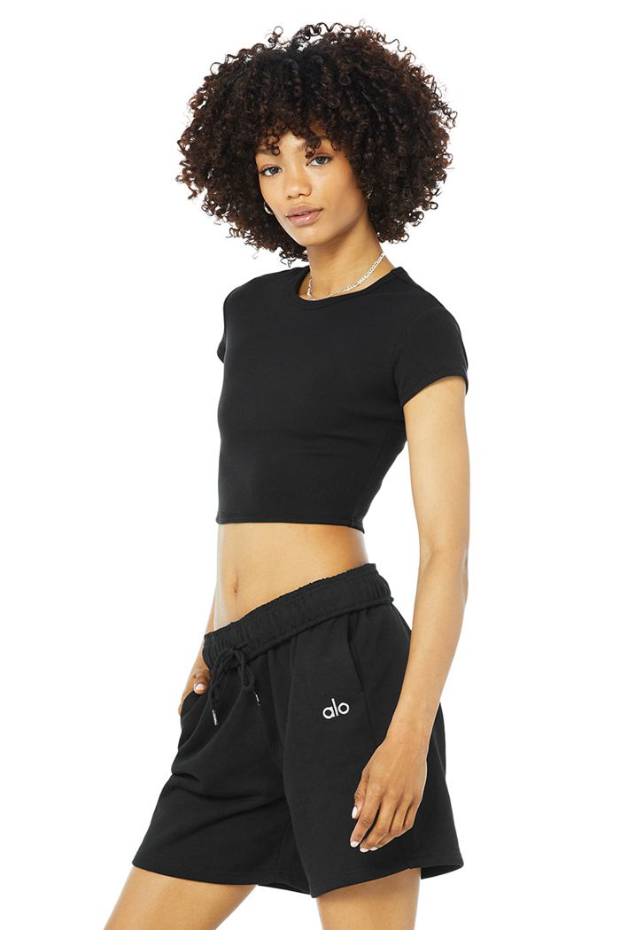 Short Sleeve Alo Yoga Ribbed Mujer Negros | 572384WJI