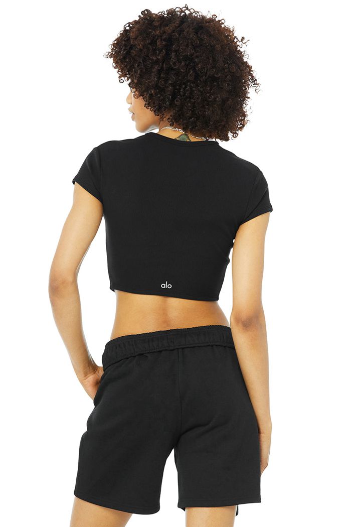 Short Sleeve Alo Yoga Ribbed Mujer Negros | 572384WJI