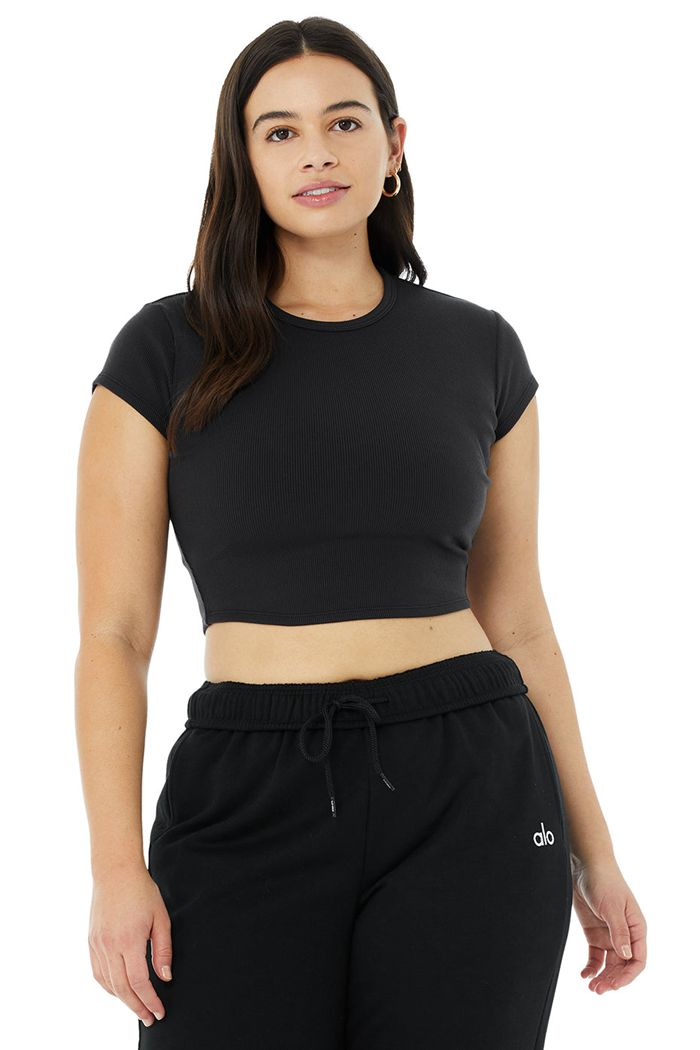 Short Sleeve Alo Yoga Ribbed Mujer Negros | 572384WJI