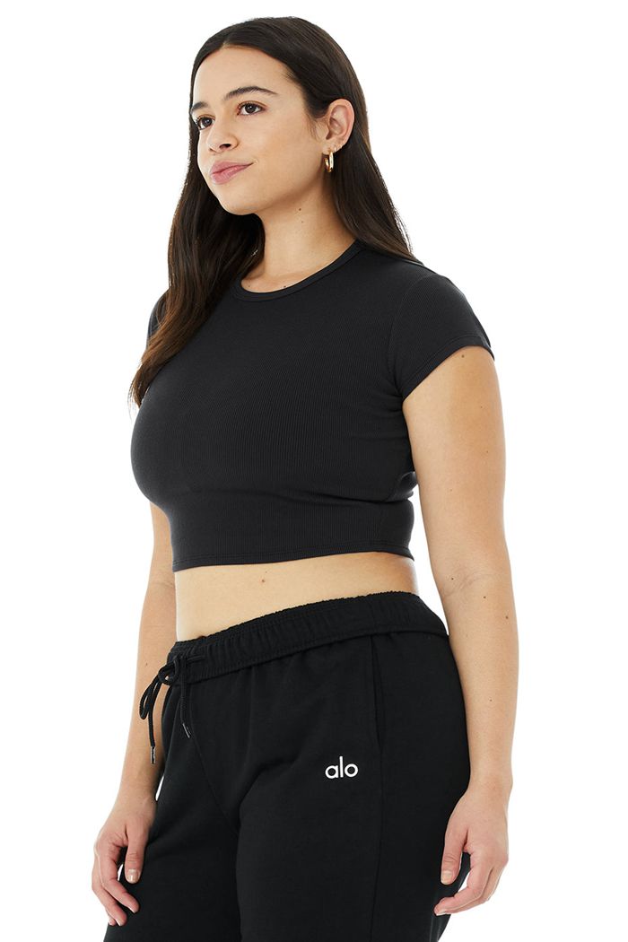 Short Sleeve Alo Yoga Ribbed Mujer Negros | 572384WJI