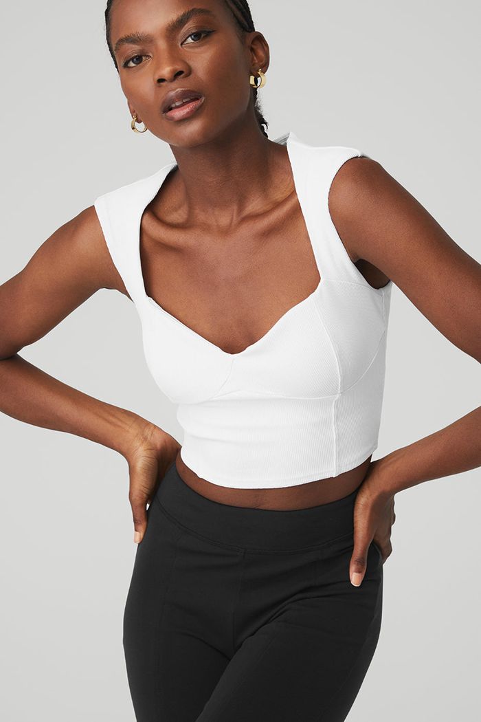Short Sleeve Alo Yoga Ribbed Sweetheart Mujer Blancos | 815067PXR
