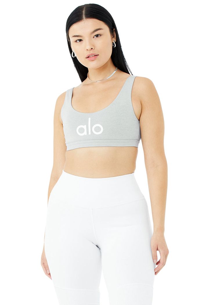 Sujetadores Alo Yoga Ambient Logo Mujer Grises Blancos | 862714ODR